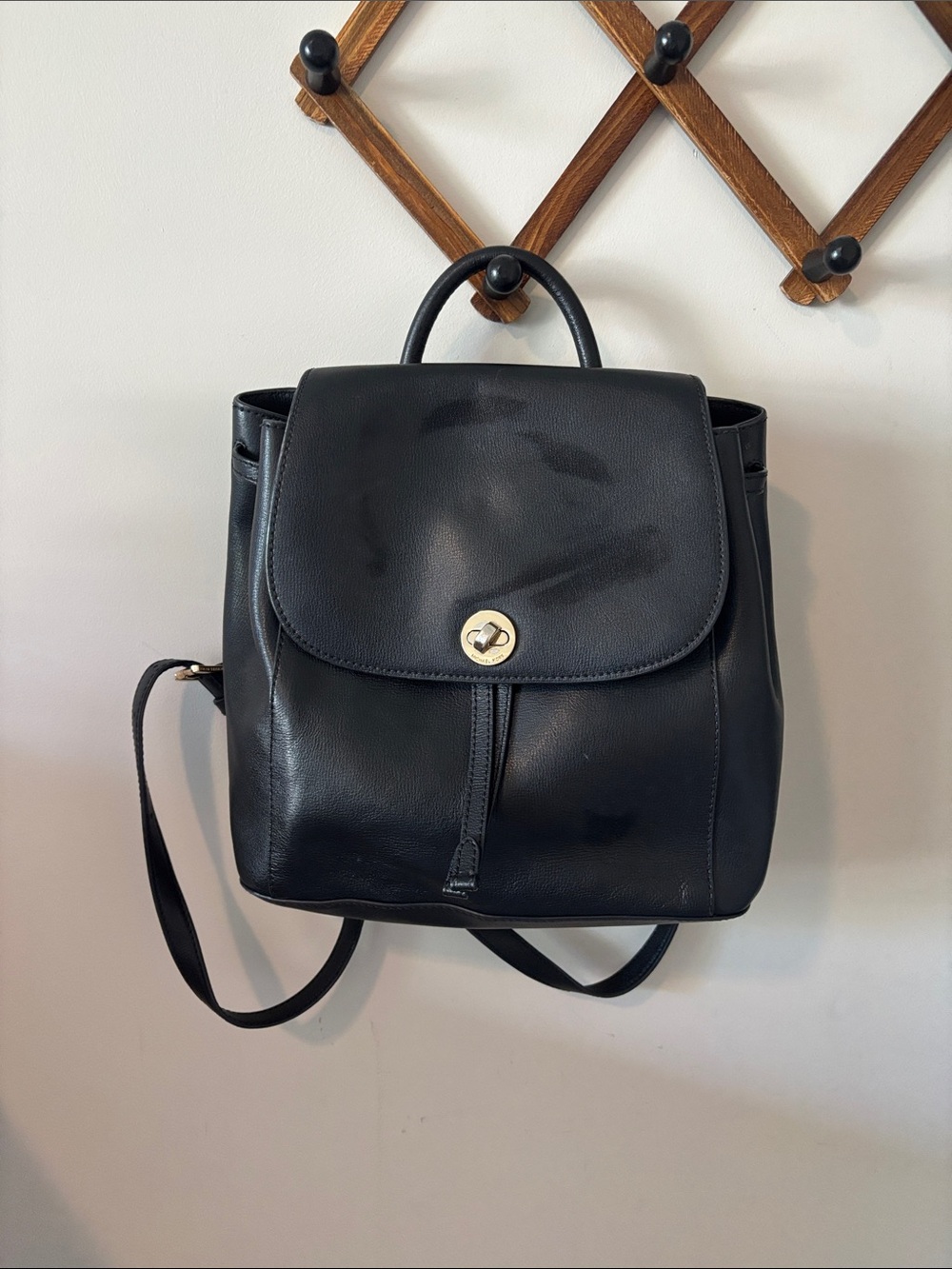 Michael Kors Black Leather Backpack with Gold Turn-Lock Accent